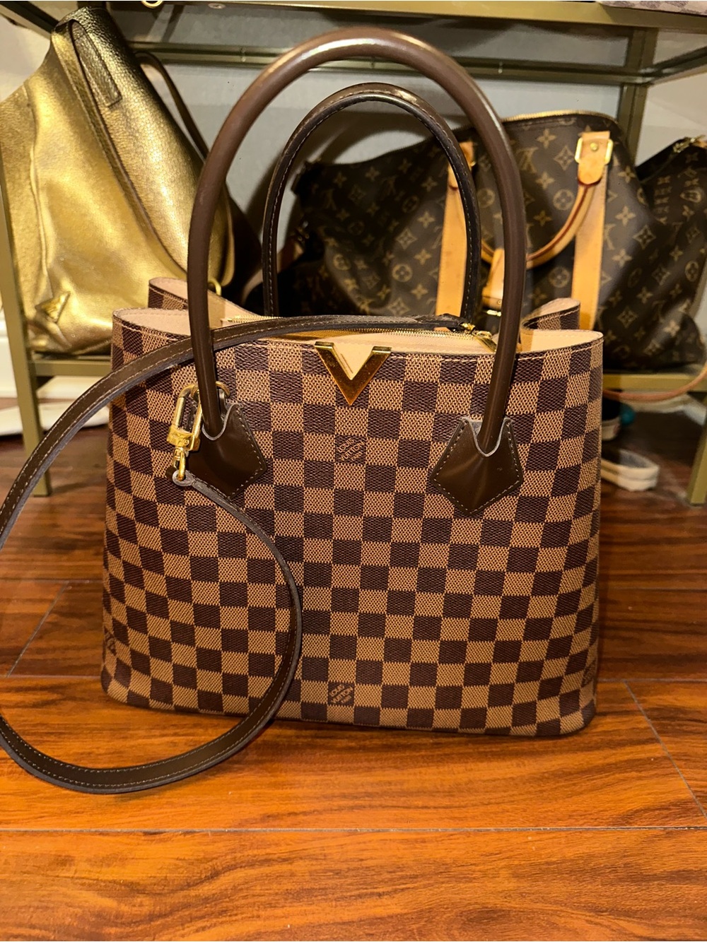 Louis Vuitton Brown Checked Satchel with Dark Brown Handles and Gold V